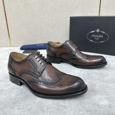 PRADA 黑色手掌纹牛皮革德比鞋皮鞋