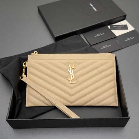 YSL MATELASSE绗缝粒面压印皮革手包 编号:423297   杏色球纹/金扣