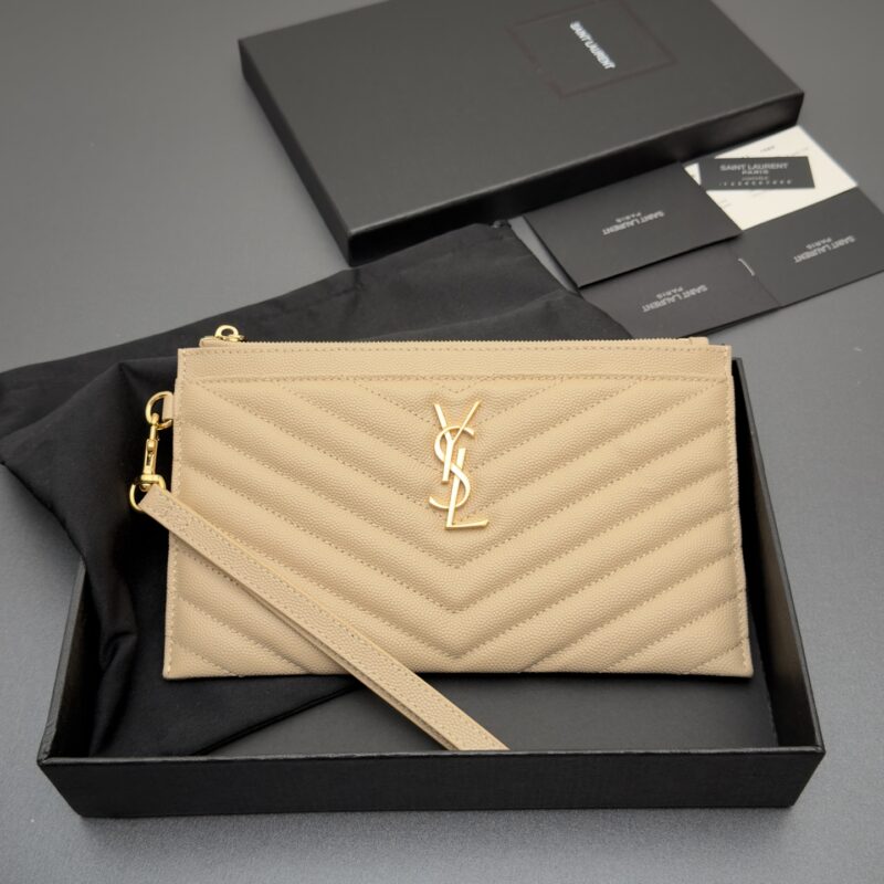 YSL MATELASSE绗缝粒面压印皮革手包 编号:423297   杏色球纹/金扣