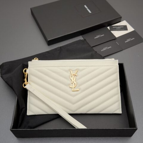YSL MATELASSE绗缝粒面压印皮革手包 编号:423297   白色球纹/金扣