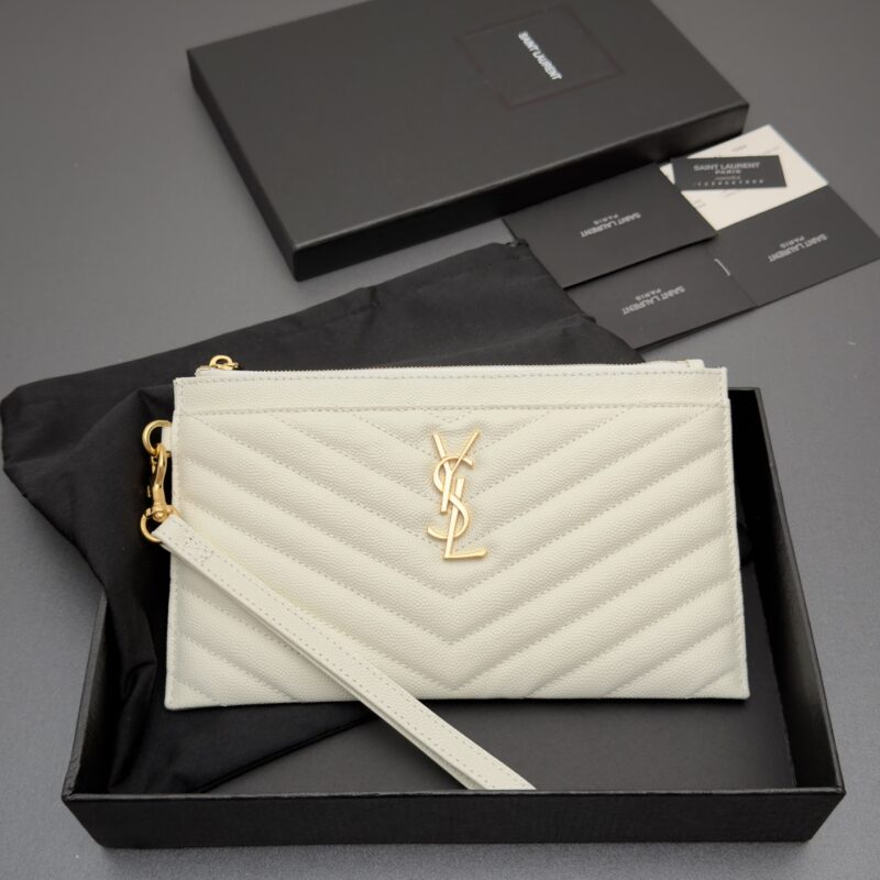 YSL MATELASSE绗缝粒面压印皮革手包 编号:423297   白色球纹/金扣