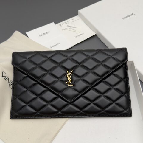 YSL 绣花菱格羊皮手拿包 编号: 565739-1   黑色羊皮/金扣