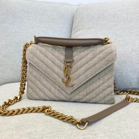 YSL 𝙈𝙤𝙣𝙤𝙜𝙧𝙖𝙢 𝙘𝙤𝙡𝙡𝙚𝙜𝙚 亚麻帆布配皮 型号：600279