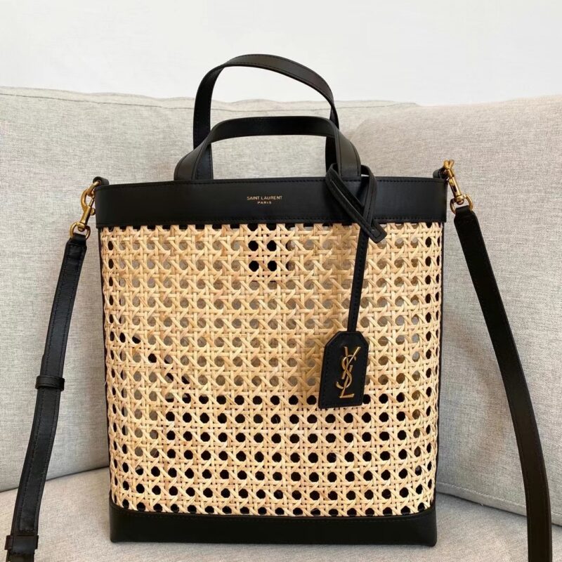 YSL 竖款编织和皮革购物包 型号:655161黑色