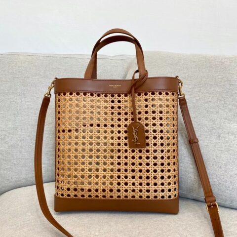 YSL 竖款编织和皮革购物包 型号：655161 棕色