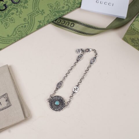 GUCCI 互扣式双g雏菊绿松石复古手链