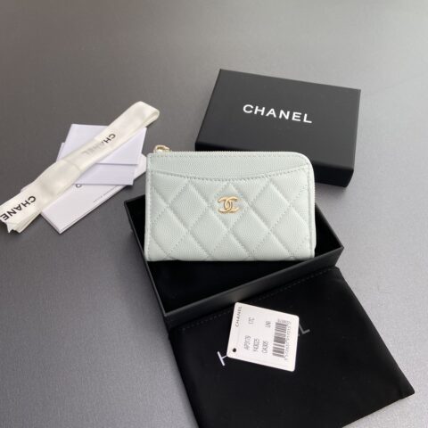 CHANEL  小香小拉链包卡包系列 编号:3179  淺藍细球金