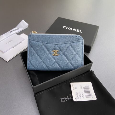CHANEL  小香小拉链包卡包系列 编号:3179  雾霾蓝细球金