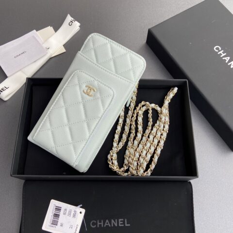 CHANEL  小香进口意大利颗粒牛皮 货号:AP0990 淺藍細球纹金扣