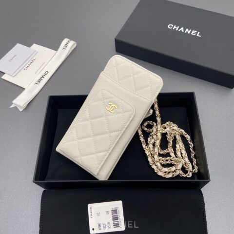 CHANEL  小香进口意大利颗粒牛皮 货号:AP0990 白色細球纹淺金扣
