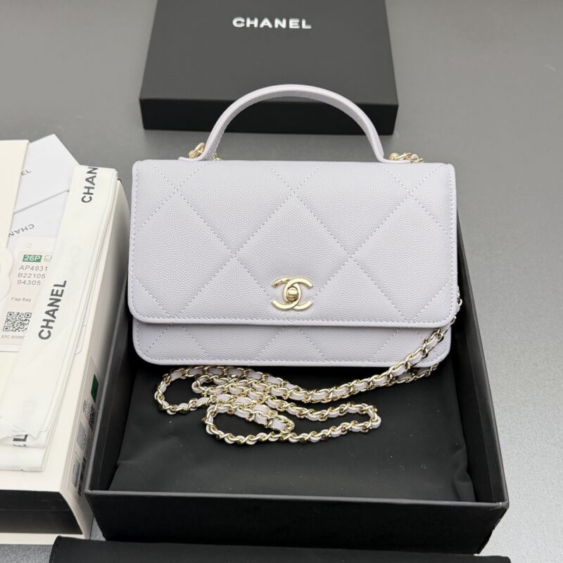 CHANEL 新款手柄WOC大号菱格绣花链条包系列货号:AP4931浅紫色细球大菱格纹金色五金