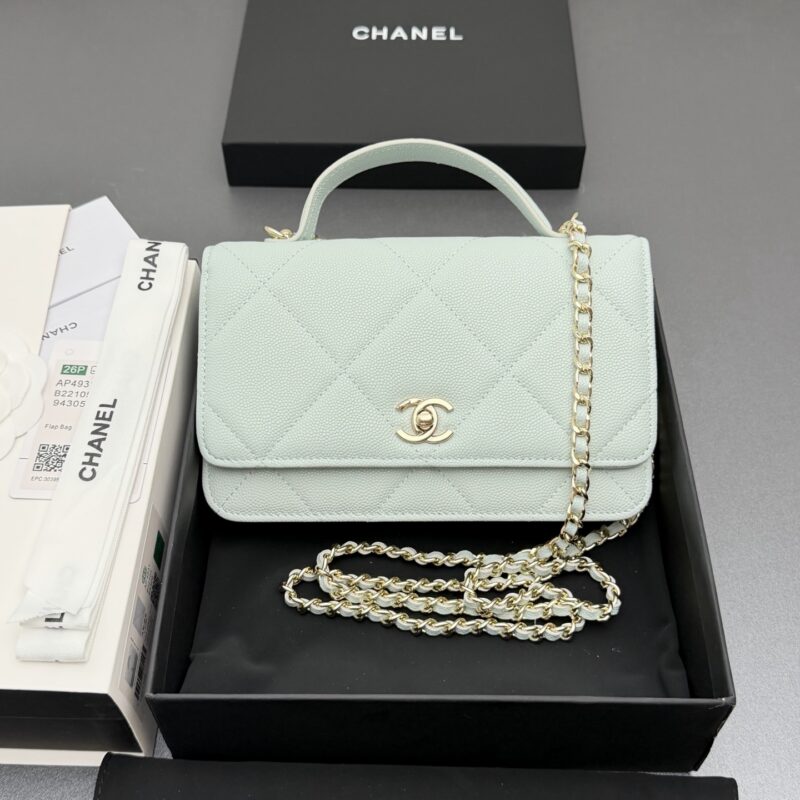 CHANEL 新款手柄WOC大号菱格绣花链条包系列货号:AP4931浅蓝色细球大菱格纹金色五金