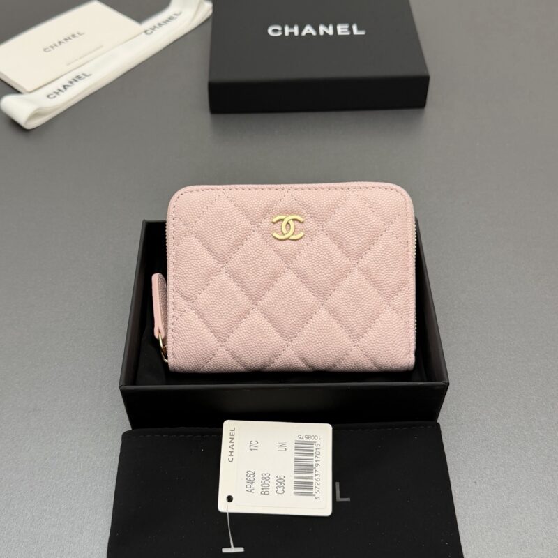 CHANEL 新款係列拉链包短款钱包係列 货号:AP4652浅粉色细球纹浅金色五金