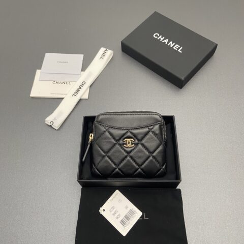 CHANEL 小香小拉链包卡包系列 编号:2061   黑色羊皮淺金色五金