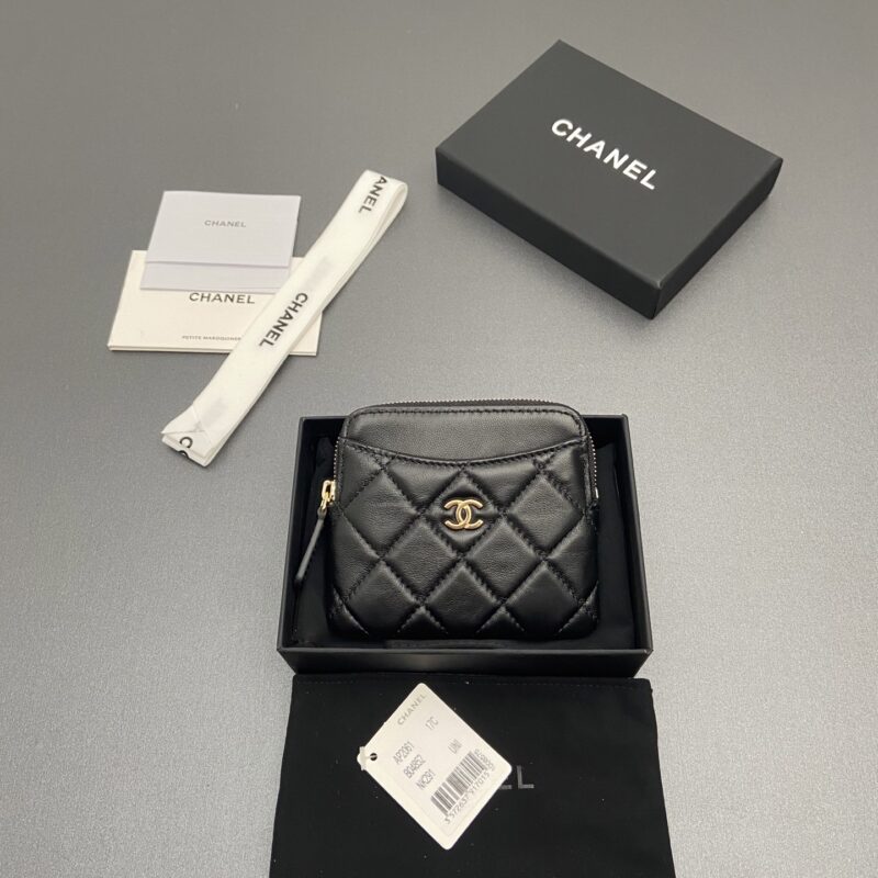CHANEL 小香小拉链包卡包系列 编号:2061 黑色羊皮淺金色五金