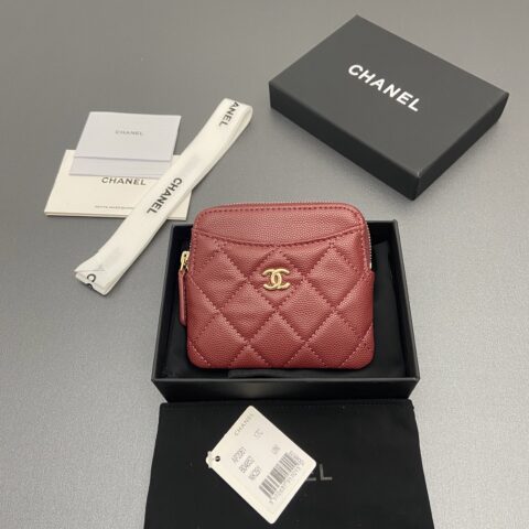 CHANEL 小香小拉链包卡包系列 编号:2061   酒紅细球淺金五金