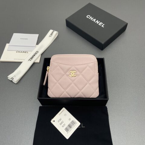 CHANEL 小香小拉链包卡包系列 编号:2061   淺粉细球淺金五金