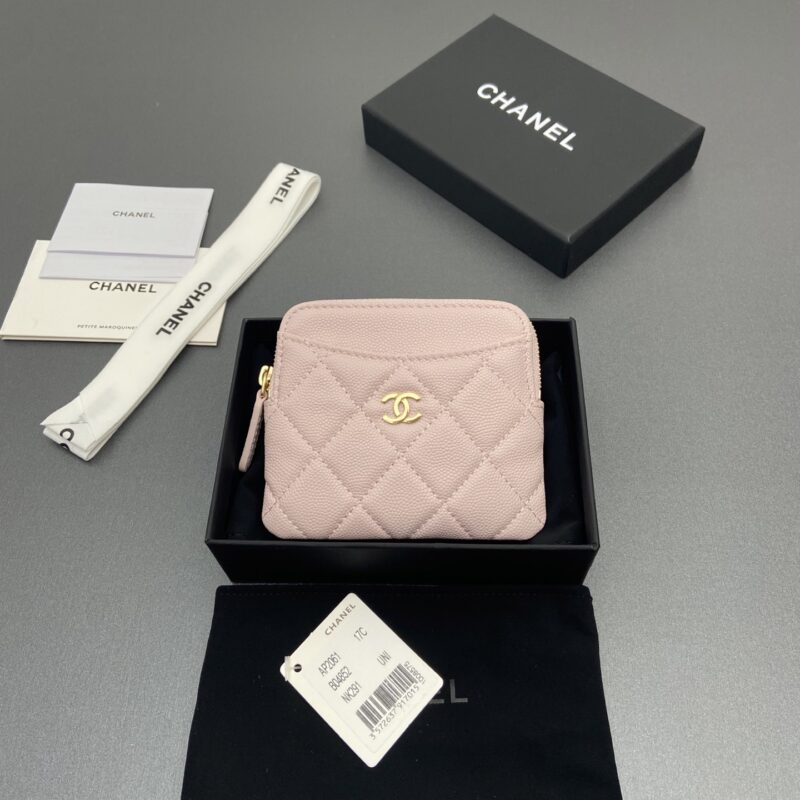 CHANEL 小香小拉链包卡包系列 编号:2061 淺粉细球淺金五金