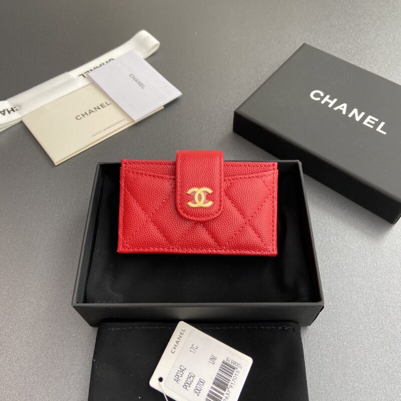 CHANEL 小香風琴多卡位卡包系列 编号:0342 大紅細球紋金色鋼嘜