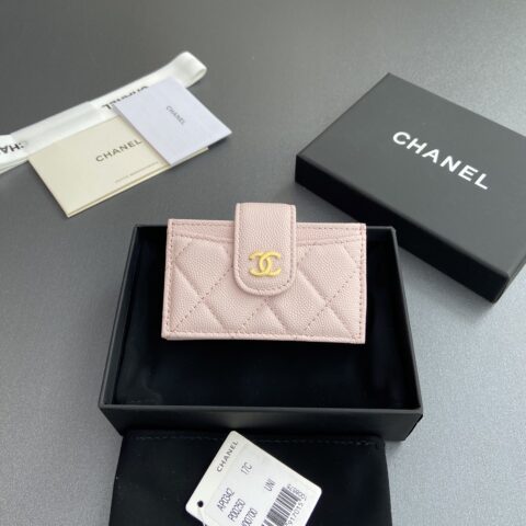 CHANEL 小香風琴多卡位卡包系列 编号：0342  淺粉細球紋金色鋼嘜