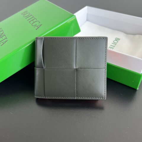 BV 新款大编织格带零钱袋双折短夹 649605深绿/木瓜色