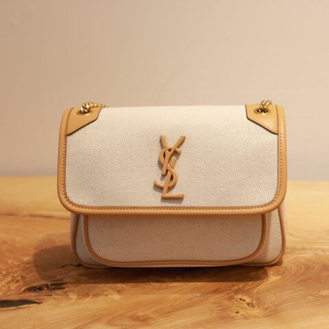 YSL 𝙉𝙞𝙠𝙞  麻布拼皮-22cm 633151奶茶色