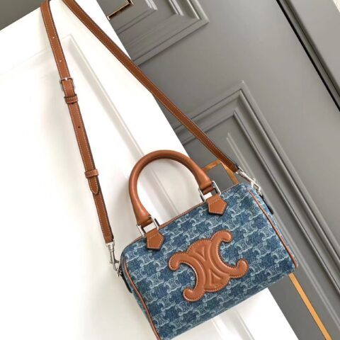 CELINE CUIR TRIOMPHE牛仔织物牛皮革波士顿包 型号：197582
