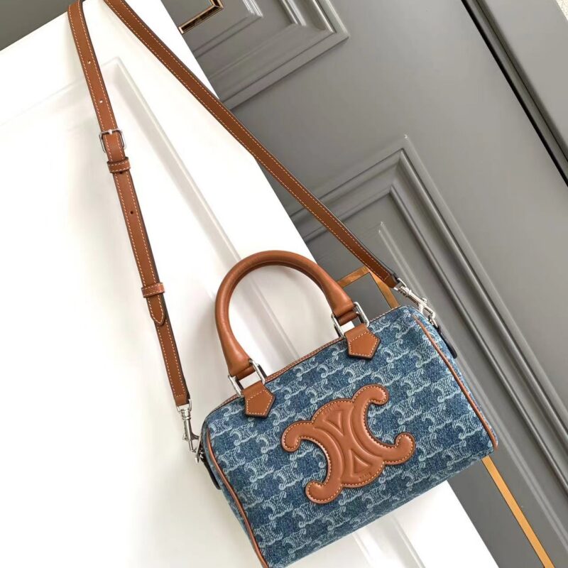 CELINE CUIR TRIOMPHE牛仔织物牛皮革波士顿包 型号:197582