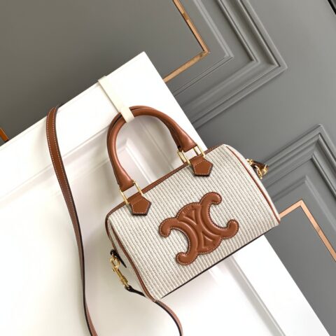 CELINE CUIR TRIOMPHE小号条纹织物小牛皮革波士顿包 型号：197582