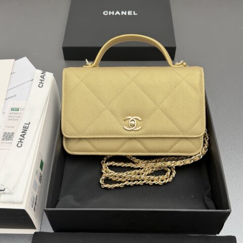 CHANEL 新款手柄WOC大号菱格绣花链条包系列 货号:AP4931金色细球大菱格纹金色五金