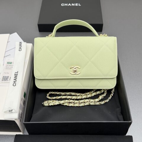 CHANEL 新款手柄WOC大号菱格绣花链条包系列 货号:AP4931浅绿色细球大菱格纹金色五金