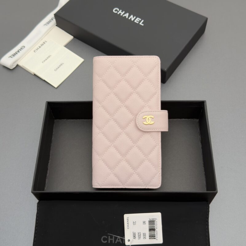 CHANEL 小香长夹卡包系列 编号:96067 浅粉色细球纹金色五金
