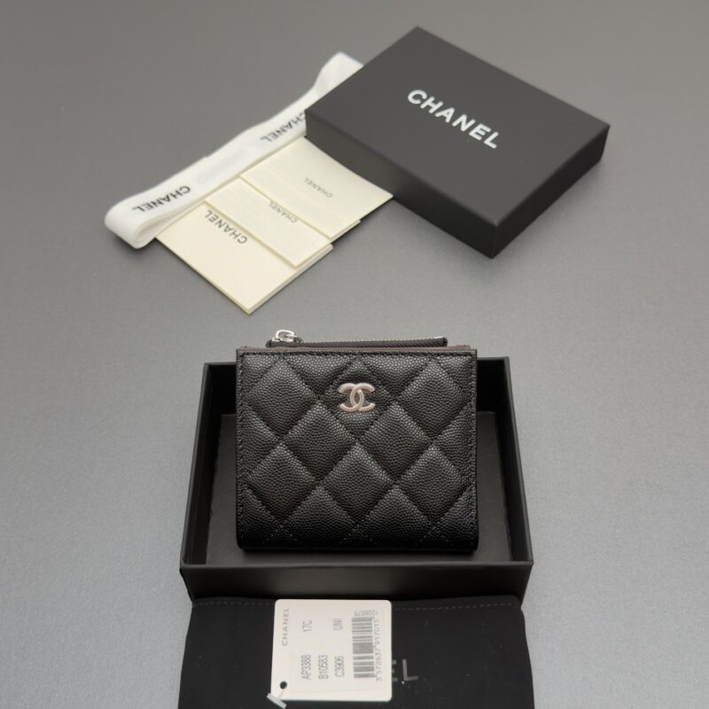 CHANEL 新款系列短款钱包系列 货号:AP3388黑色细球纹银色五金