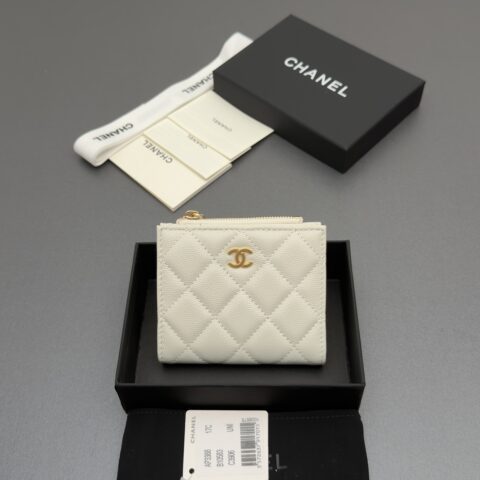 CHANEL 新款系列短款钱包系列 货号:AP3388白色细球纹金色五金