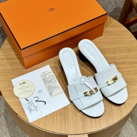 HERMES ：187 Gigi kelly高跟鞋 纯白色/01/Blanc 金扣