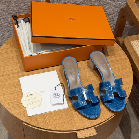 HERMES :185 Oasis 鳄鱼皮高跟凉鞋 伊兹密尔蓝/7W/Blue Lzmir