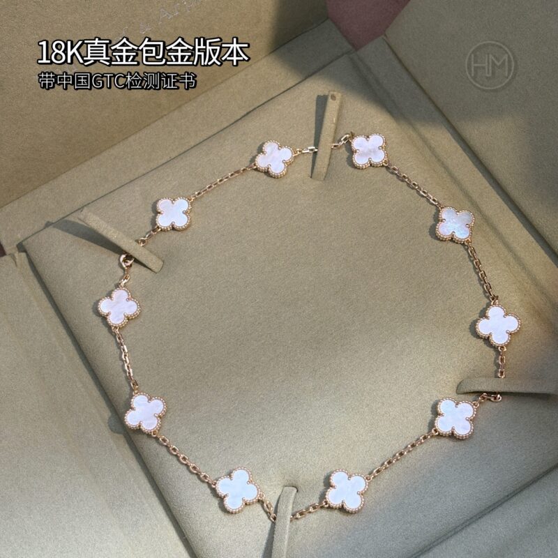 18K真金包金版本𝐕𝐚𝐧 𝐂𝐥𝐞𝐞𝐟 & 𝐀𝐫𝐩𝐞𝐥𝐬 梵克雅宝 10枚四叶草 白贝母 Vintage Alhambra 十花项链