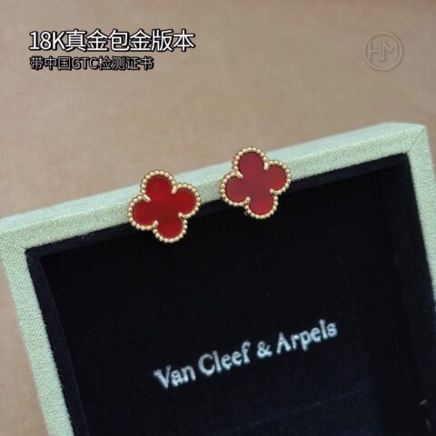 18K真金包金版本𝐕𝐚𝐧 𝐂𝐥𝐞𝐞𝐟 & 𝐀𝐫𝐩𝐞𝐥𝐬 梵克雅宝 红玉髓/红玛瑙 Vintage Alhambra耳环