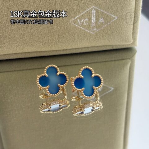 18K真金包金版本𝐕𝐚𝐧 𝐂𝐥𝐞𝐞𝐟 & 𝐀𝐫𝐩𝐞𝐥𝐬 梵克雅宝 蓝玛瑙 Vintage Alhambra耳环