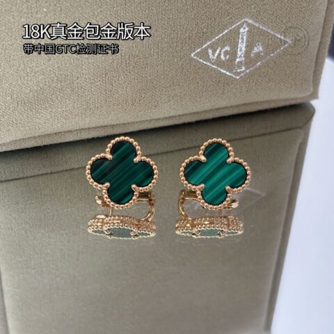 18K真金包金版本𝐕𝐚𝐧 𝐂𝐥𝐞𝐞𝐟 & 𝐀𝐫𝐩𝐞𝐥𝐬 梵克雅宝 孔雀石 Vintage Alhambra耳环
