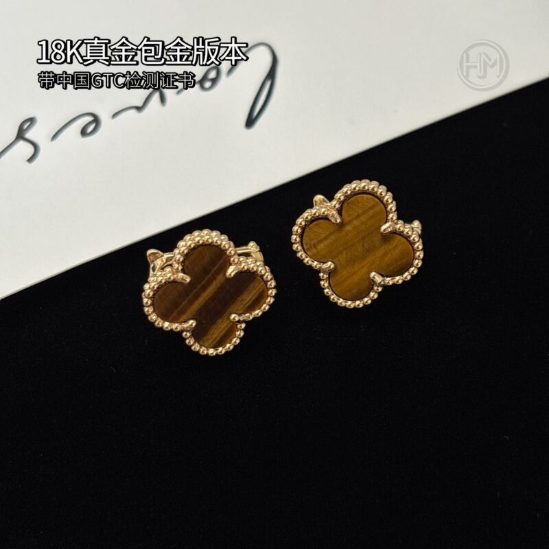 18K真金包金版本𝐕𝐚𝐧 𝐂𝐥𝐞𝐞𝐟 & 𝐀𝐫𝐩𝐞𝐥𝐬 梵克雅宝 虎眼石 Vintage Alhambra耳环