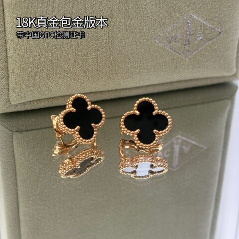 18K真金包金版本𝐕𝐚𝐧 𝐂𝐥𝐞𝐞𝐟 & 𝐀𝐫𝐩𝐞𝐥𝐬 梵克雅宝 黑玛瑙 Vintage Alhambra耳环