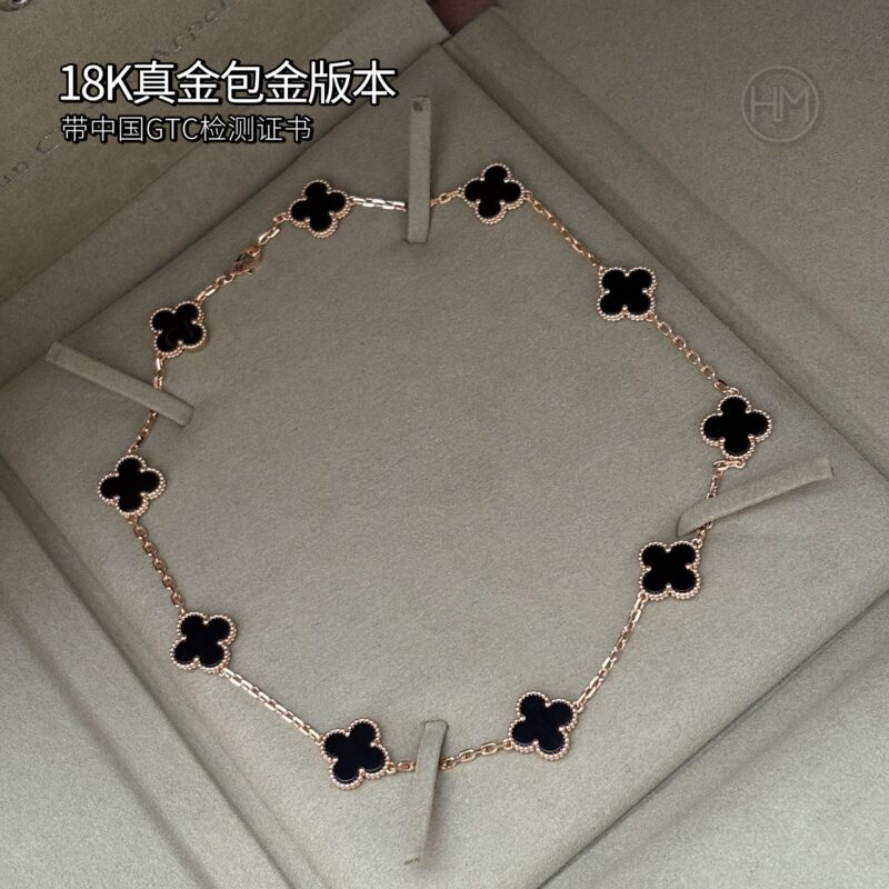 18K真金包金版本𝐕𝐚𝐧 𝐂𝐥𝐞𝐞𝐟 & 𝐀𝐫𝐩𝐞𝐥𝐬 梵克雅宝 10枚四叶草 黑玛瑙 Vintage Alhambra 十花项链
