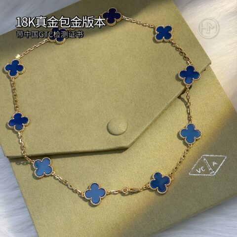 18K真金包金版本𝐕𝐚𝐧 𝐂𝐥𝐞𝐞𝐟 & 𝐀𝐫𝐩𝐞𝐥𝐬 梵克雅宝 10枚四叶草 Vintage Alhambra 蓝玛瑙十花项链