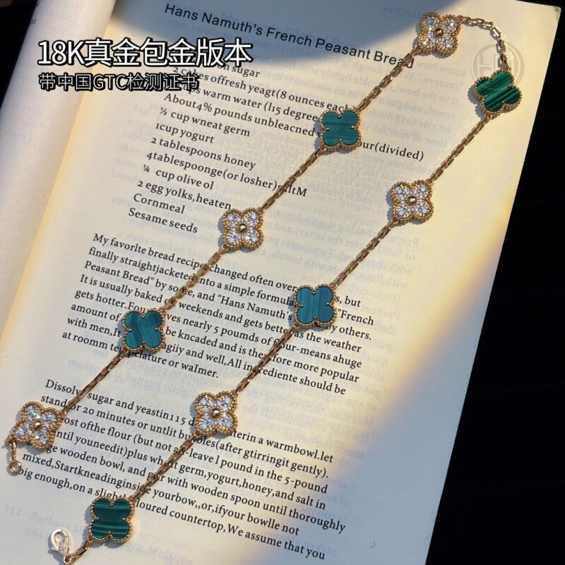 18K真金包金版本𝐕𝐚𝐧 𝐂𝐥𝐞𝐞𝐟 & 𝐀𝐫𝐩𝐞𝐥𝐬 梵克雅宝 10枚四叶草 孔雀石隔钻 间钻 Vintage Alhambra 十花项链