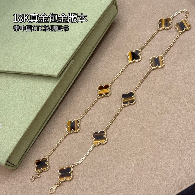 18K真金包金版本𝐕𝐚𝐧 𝐂𝐥𝐞𝐞𝐟 & 𝐀𝐫𝐩𝐞𝐥𝐬 梵克雅宝 10枚四叶草 Vintage Alhambra 虎眼石十花项链