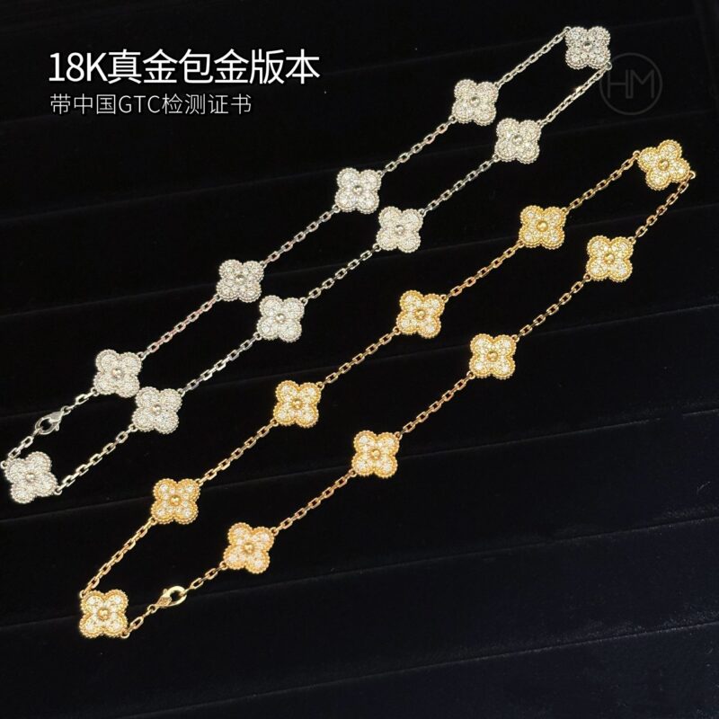18K真金包金版本𝐕𝐚𝐧 𝐂𝐥𝐞𝐞𝐟 & 𝐀𝐫𝐩𝐞𝐥𝐬 梵克雅宝 10枚四叶草 Vintage Alhambra 满钻十花项链