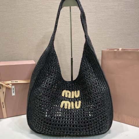 MiuMiu 拉菲草编织肩背包黑色 型号5BC116