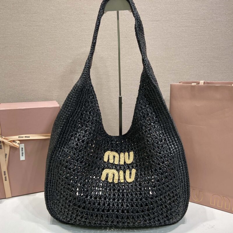 MiuMiu 拉菲草编织肩背包黑色 型号5BC116