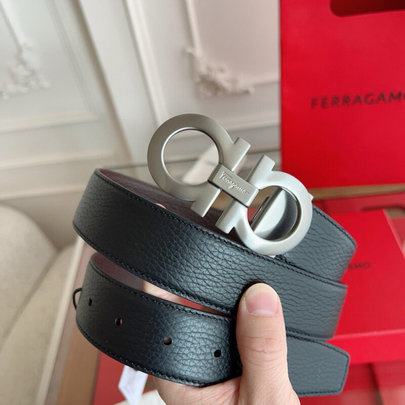 Salvatore Ferragamo菲拉格慕男士3.5cm精致双圈腰带 灰银扣